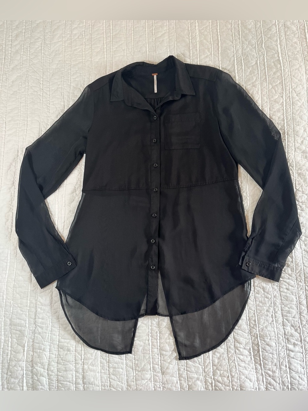 Free People Black Sheer High Low Button Down Blouse Top - S